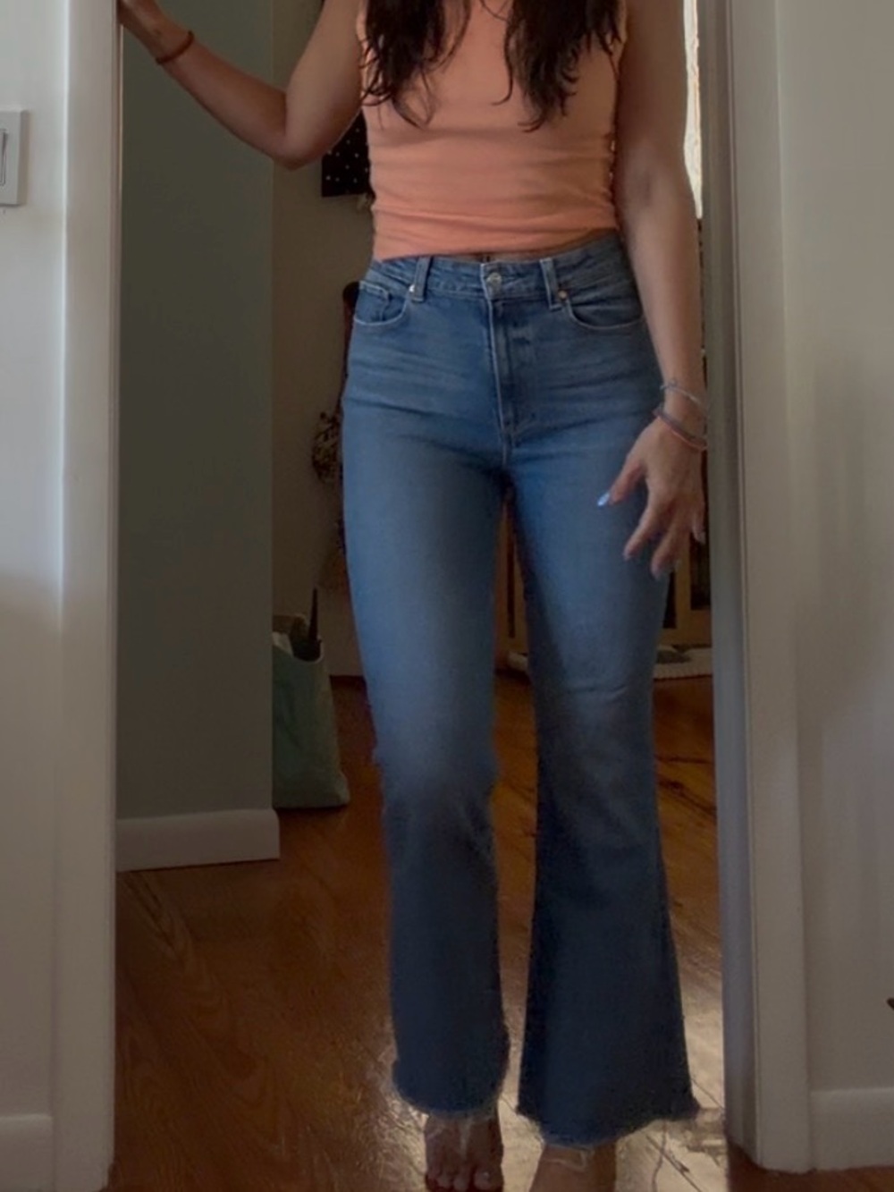 PAIGE Medium Blue High-Rise Flare Jeans
